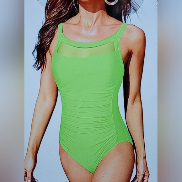 NWT GLAMOUR MESH PEEK A BOO RUCHED SLIMMING SWIM BATHING SUIT NEON GREEN XL - Picture 4 of 14